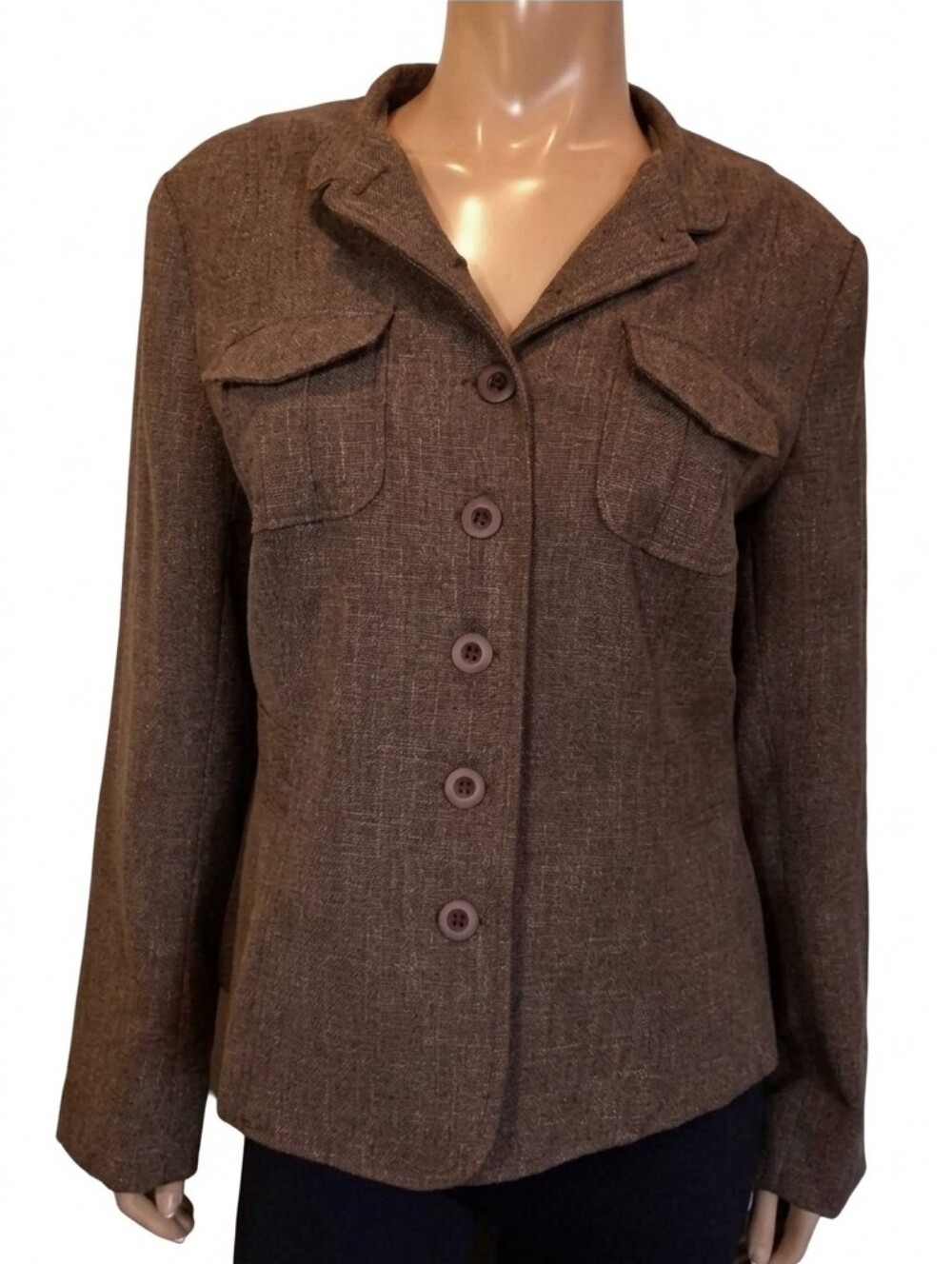 Cleo Blazer Jacket Tweed Fall Military Brown Womens Size 12 Flap Pocket Gorpcore - Picture 2 of 12